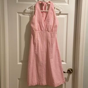 Pink and white seersucker, halter dress, lined. Size 4